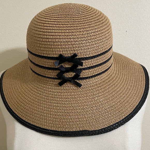 New MAGID HATS Womens Tan Woven Paper Brimmed Hat Black Banded Trim - Picture 4 of 11
